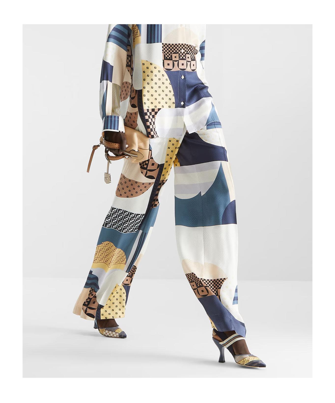 パンツ Fendi Blue Silk Trousers With Patchwork Print Fendi Patchwork Printed Wide-Leg Trousers in Blue | Lyst