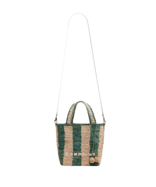 【関税&送料込】Bonpoint Beige Green Striped Bag In Raffia Bonpoint Natural Raffia Striped Tote Bag In Green By