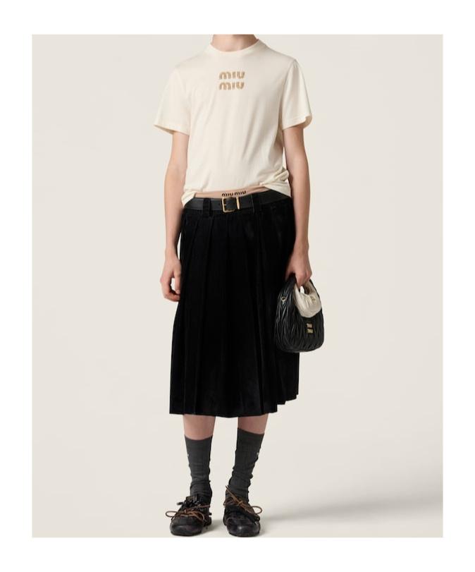 Miu Miu Logo T-Shirt With Rhinestones in Natural | Lyst