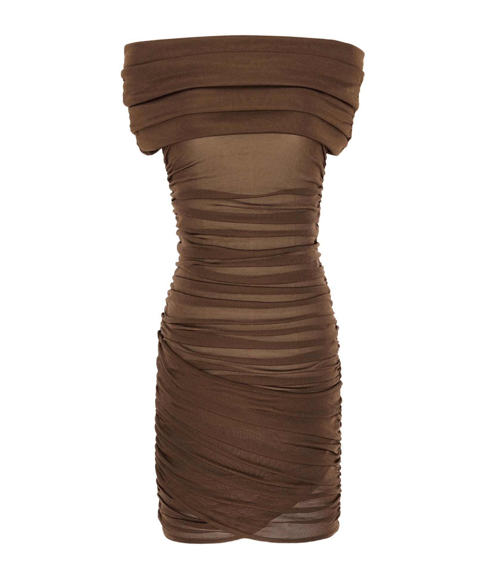 Saint Laurent Off-The-Shoulder Ruched Dress in Brown | Lyst