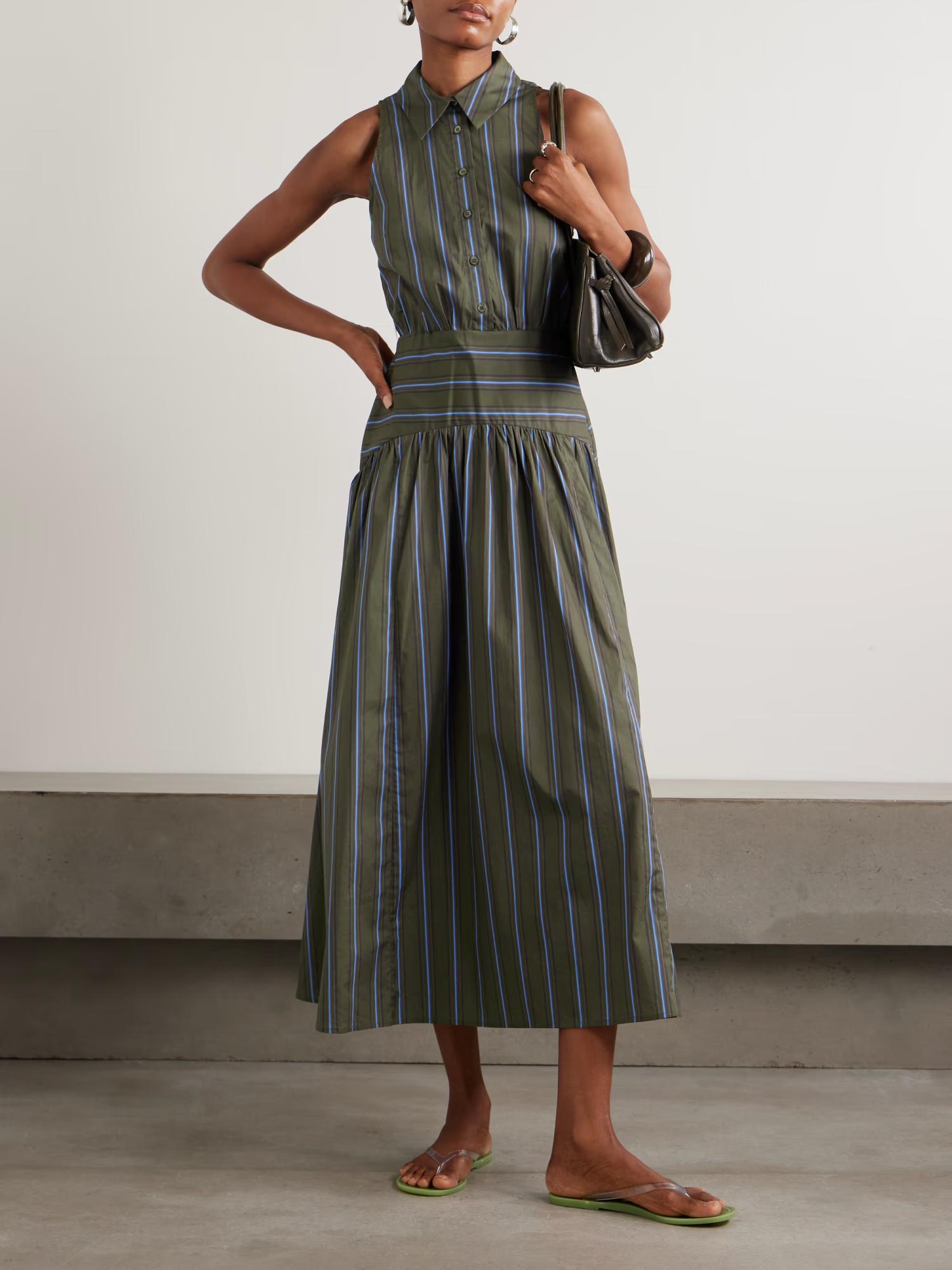 staud green stripe dress Romy Striped Pleated Cotton-Blend Shirt in navy blue homecoming dresses 2022