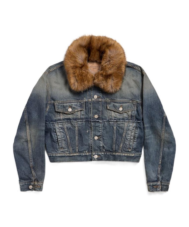 Balenciaga Faux-Fur Collar Denim Jacket in Blue | Lyst