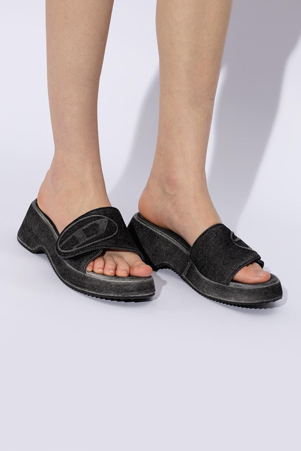 ★DIESEL★ SA Oval D PF W Sandal Black Y03284P0585H1939 Y032 Women's Sa-Oval D-Denim slide sandals with Oval D strap