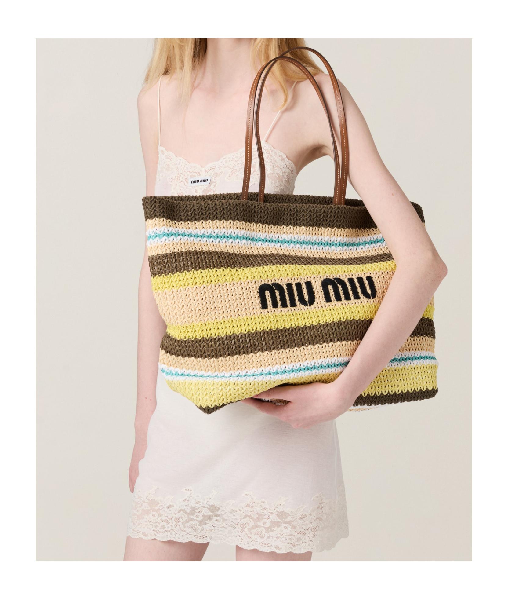 トートバッグ MIU MIU 5BG248_2DO3_F04EL RAFFIA EFFECT WOVEN TOTE BAG Cocoa Brown/celeste/natural Raffia-effect Woven Tote Bag
