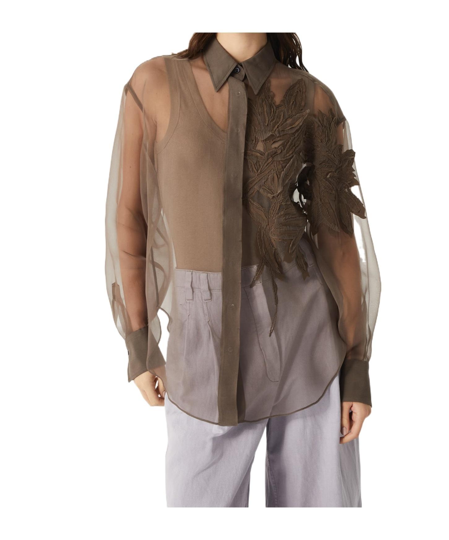 Brunello Cucinelli Herbarium Appliqué Crispy Satin Shirt in Brown 