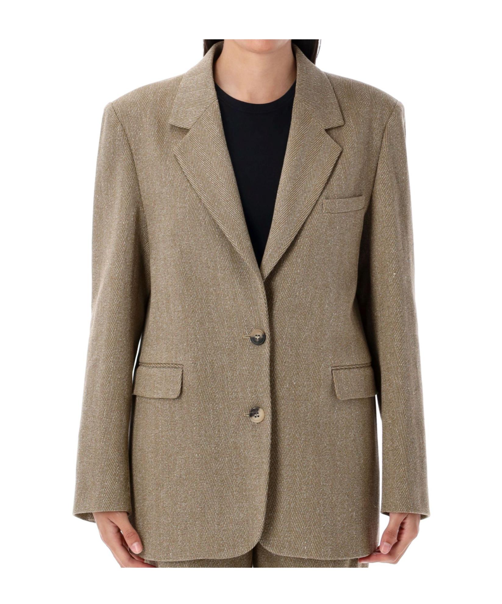 【関税&送料込】Golden Goose Light Brown Double-Breasted Jac Women's jacket in tobacco-colored split leather with a