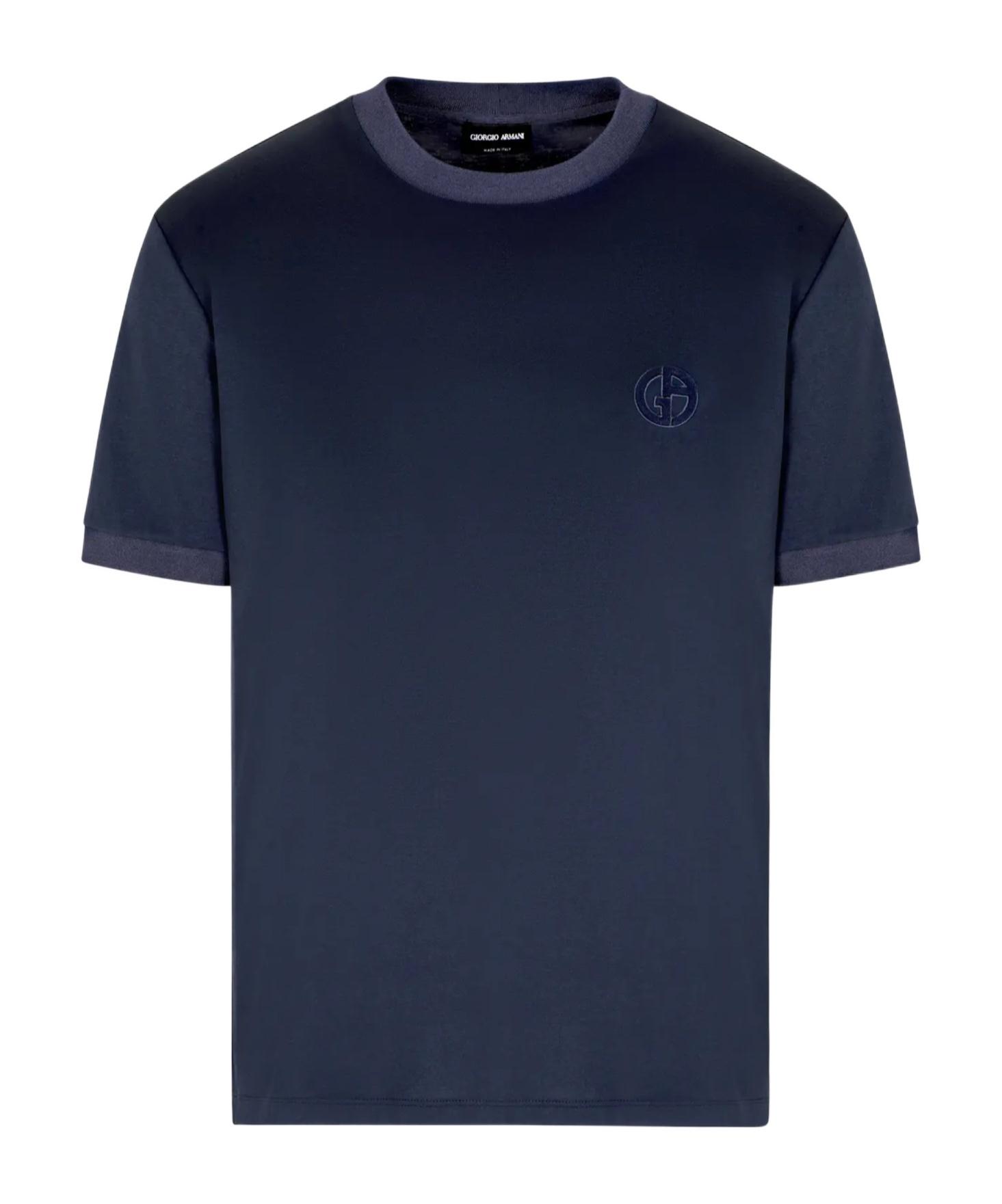 Tシャツ・カットソー GIORGIO ARMANI Giorgio Armani T-shirts and Polos Blue Giorgio Armani logo-embroidered Cotton T-shirt | Blue | FARFETCH