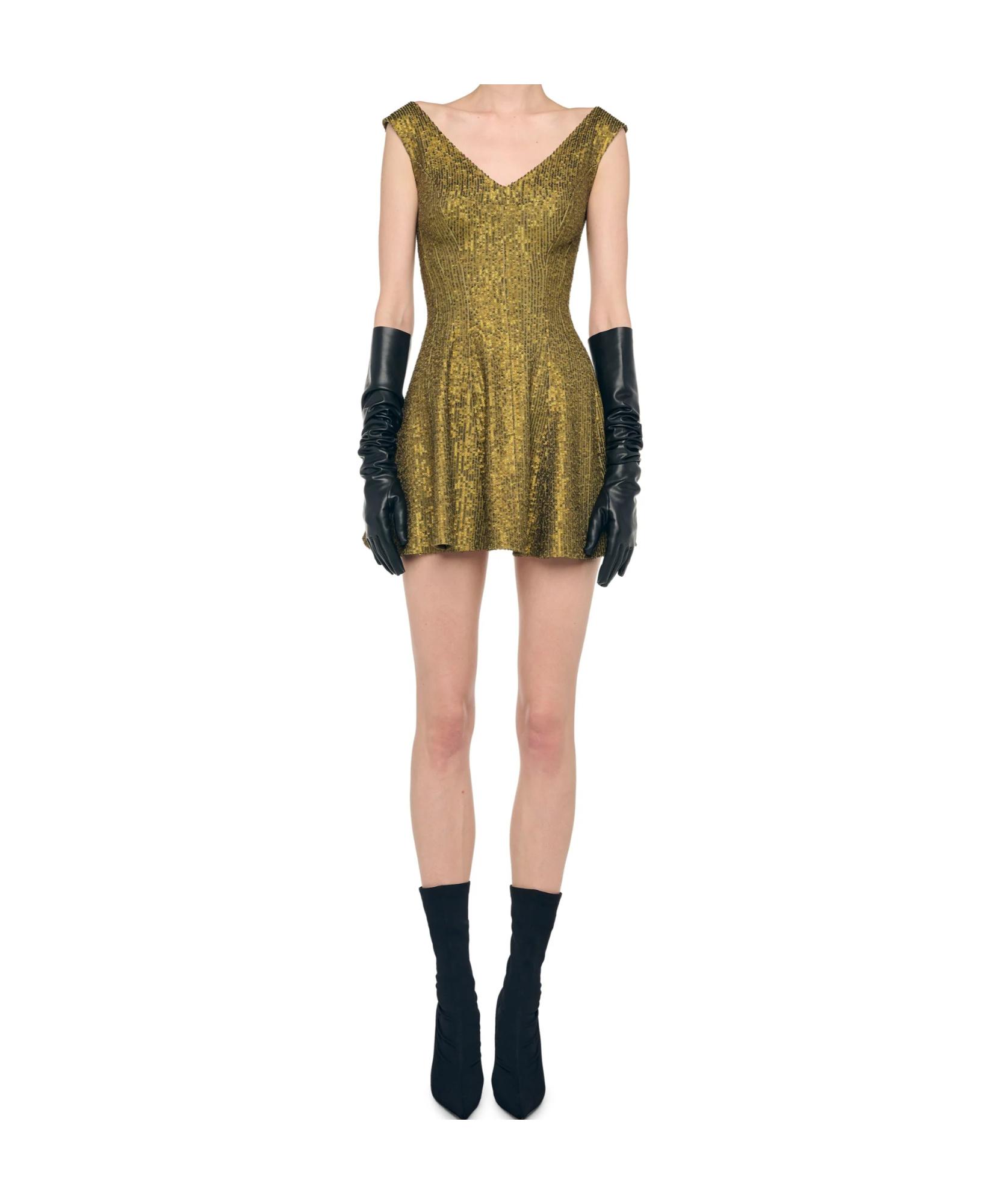knee length dresses for ladies Norma Kamali Golden Yellow Velvet Mini Dress main image 1