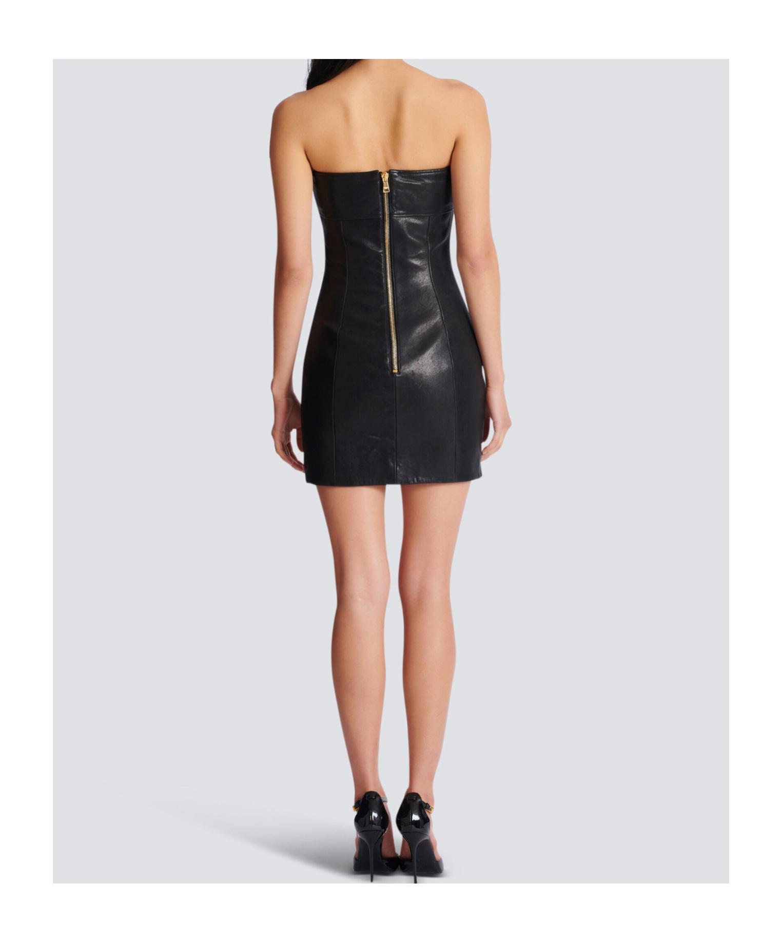 balmain leather bustier dress Balmain Belted Strapless Leather Dress in Black
