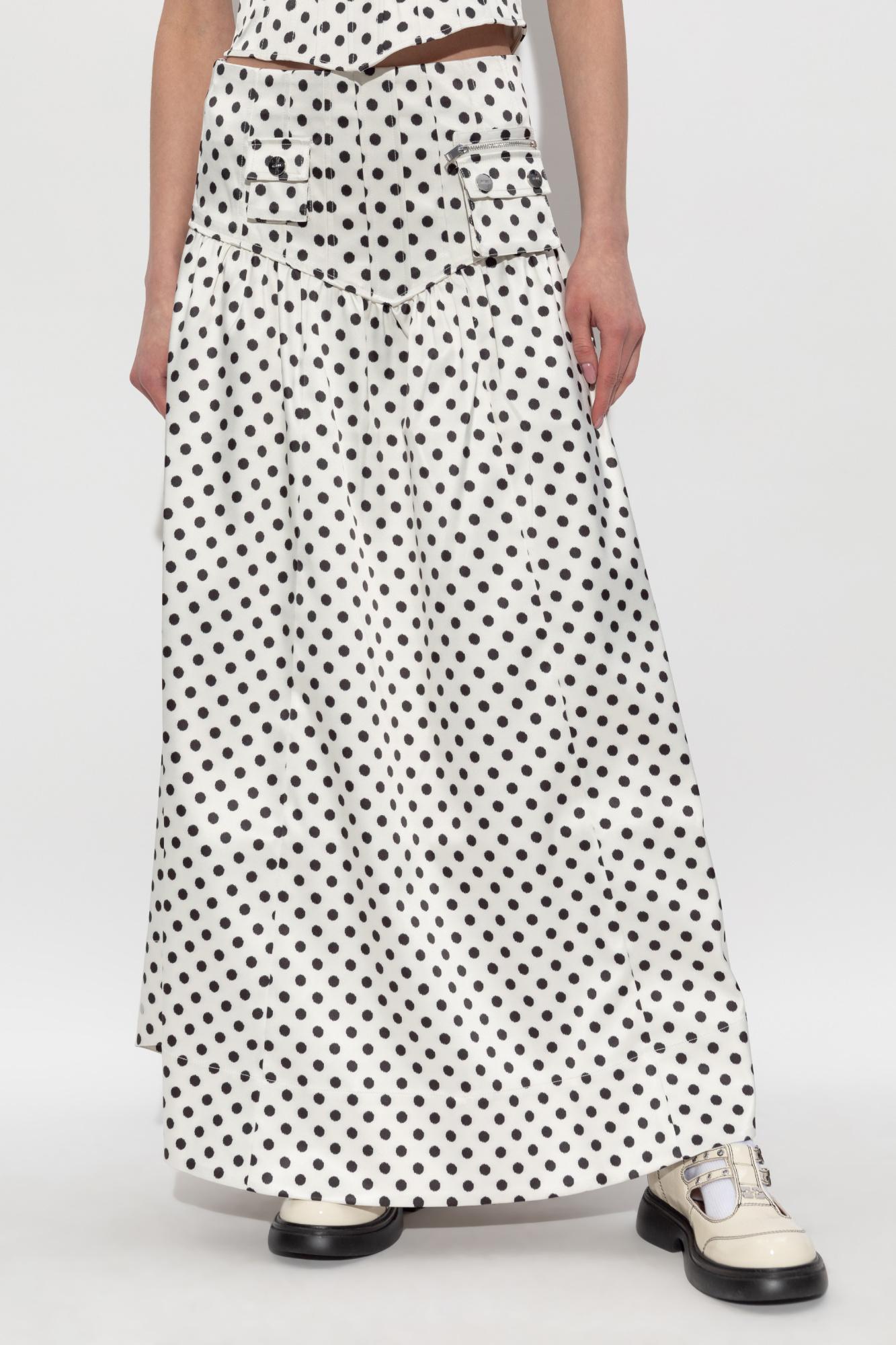 Ganni Polka-Dot Double Satin Long Pocket Skirt in White | Lyst