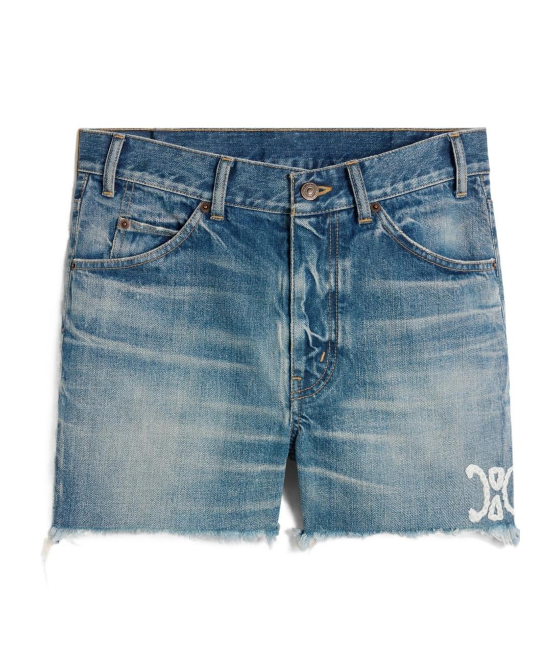 【CELINE】Triomphe Embroidered Denim Shorts Light blue Straight-Leg Studded Distressed Denim Shorts