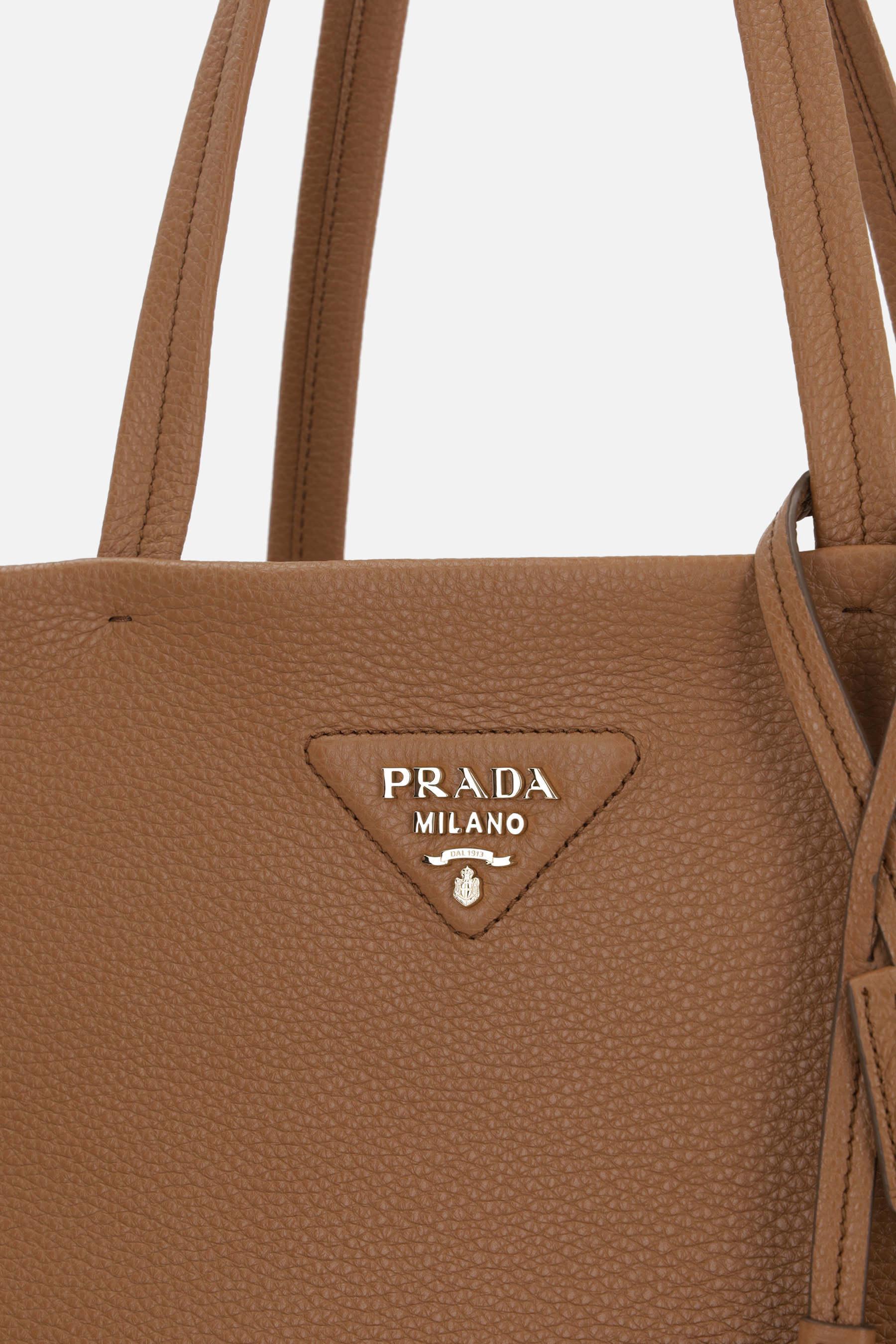 Prada Triangle Logo Leather Tote Bag in Brown | Lyst