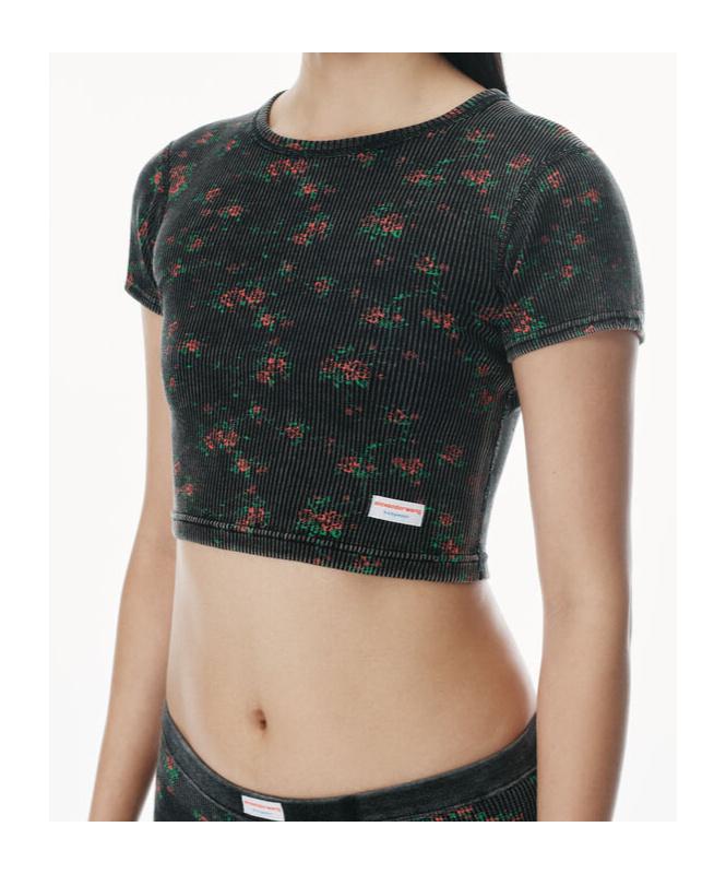 【alexanderwang】floral-print ribbed baby クロップ Tシャツ Alexander Wang Black Floral-Print Ribbed Cotton Baby T-shirt