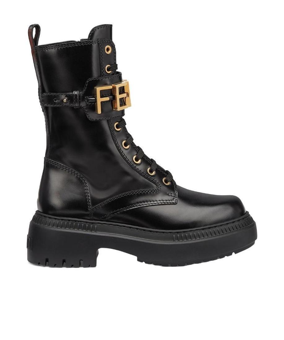 Fendi Logo Plaque Lace-Up Biker Boots in Black | Lyst