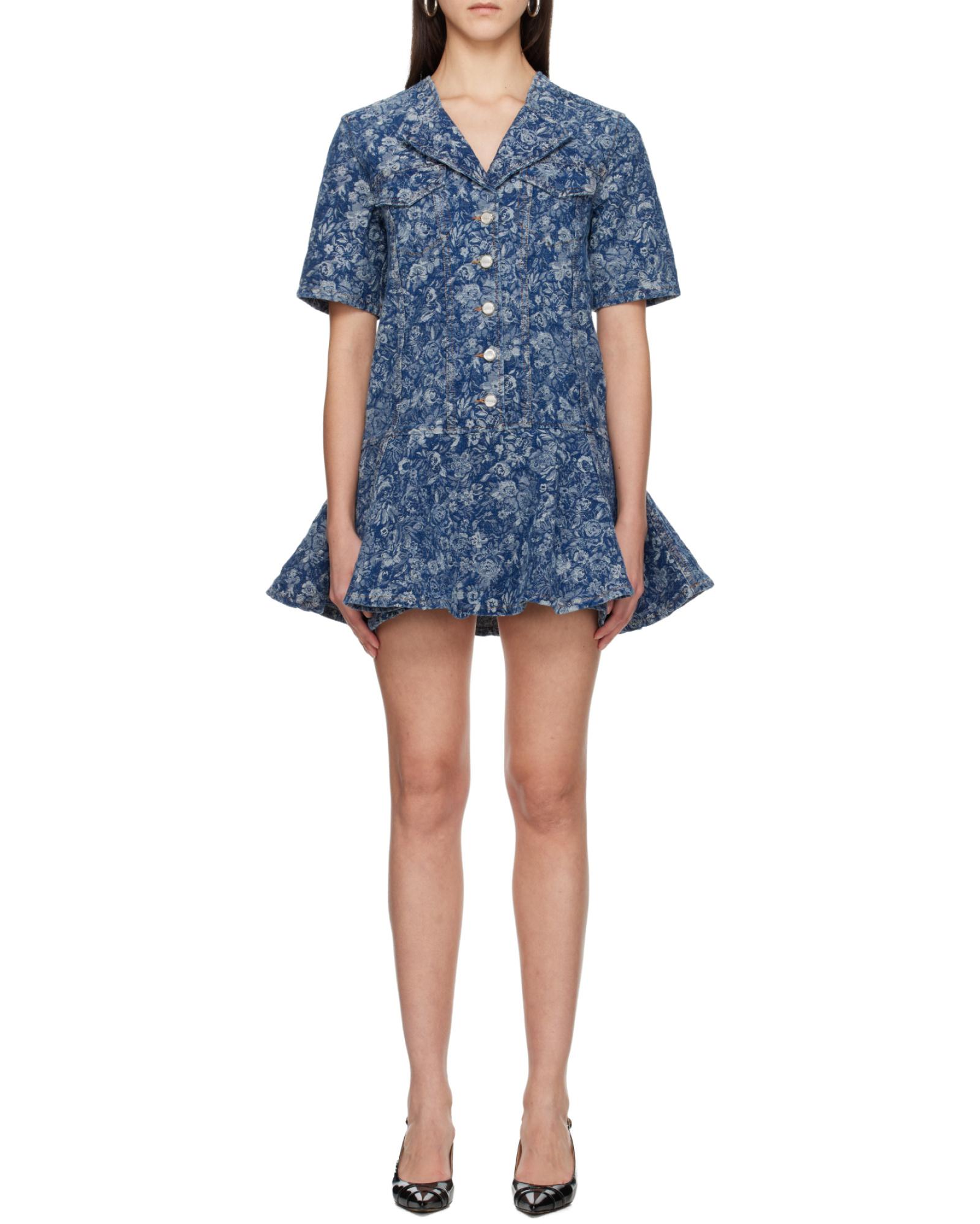 ganni blue feather dress Ganni BLUE FLORAL CRINKLED SATIN LONG DRESS