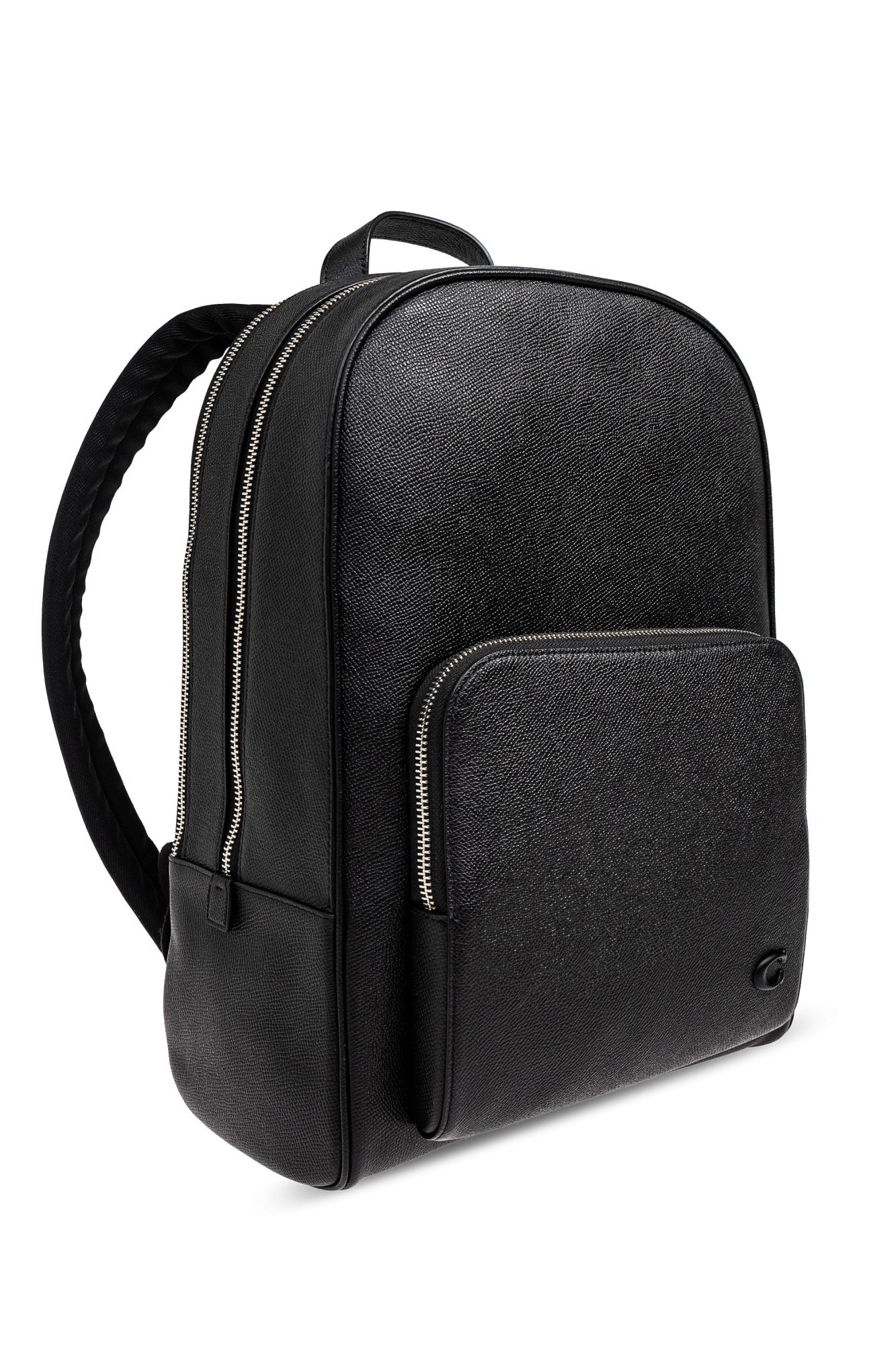 coach black hudson backpack With Horse And Carriage Print-Black — Refined pebble leather Inside zip cell phone and multifunction pockets Inside tech sleeve Flap and drawstring closures fabric lining Top handle with 3 drop Outside flap pockets Outside zip access to interior Adjustable shoulder straps 11 3/4 (L) x 16 1/2 (H) x 6 (W) Style No. COACH Hudson Backpack Signature Canvas