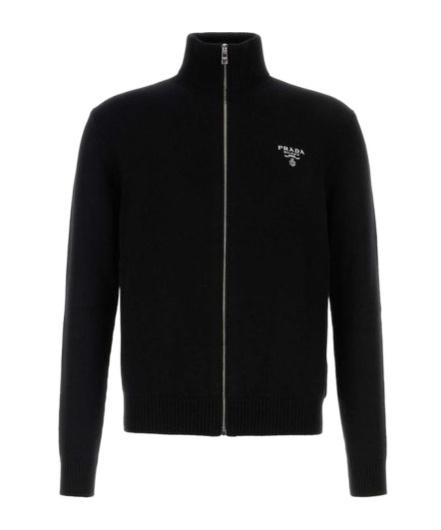 Prada Logo Embroidered Full-Zipped Knitted Cardigan in Black for