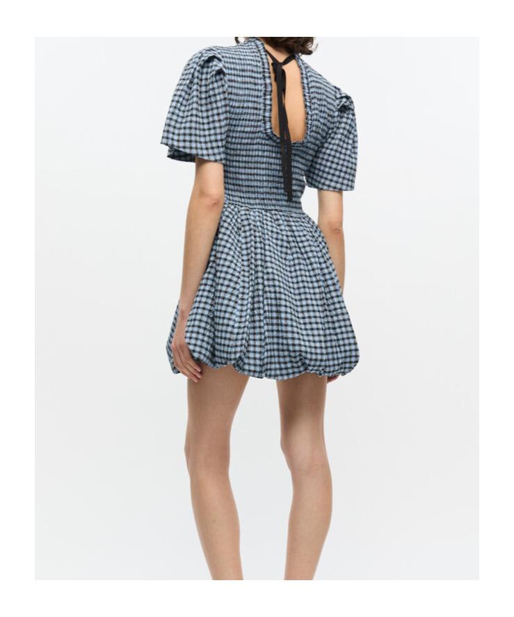 ganni blue seersucker check mini dress Seersucker Check Azure Blue Short Sleeve Mini Dress
