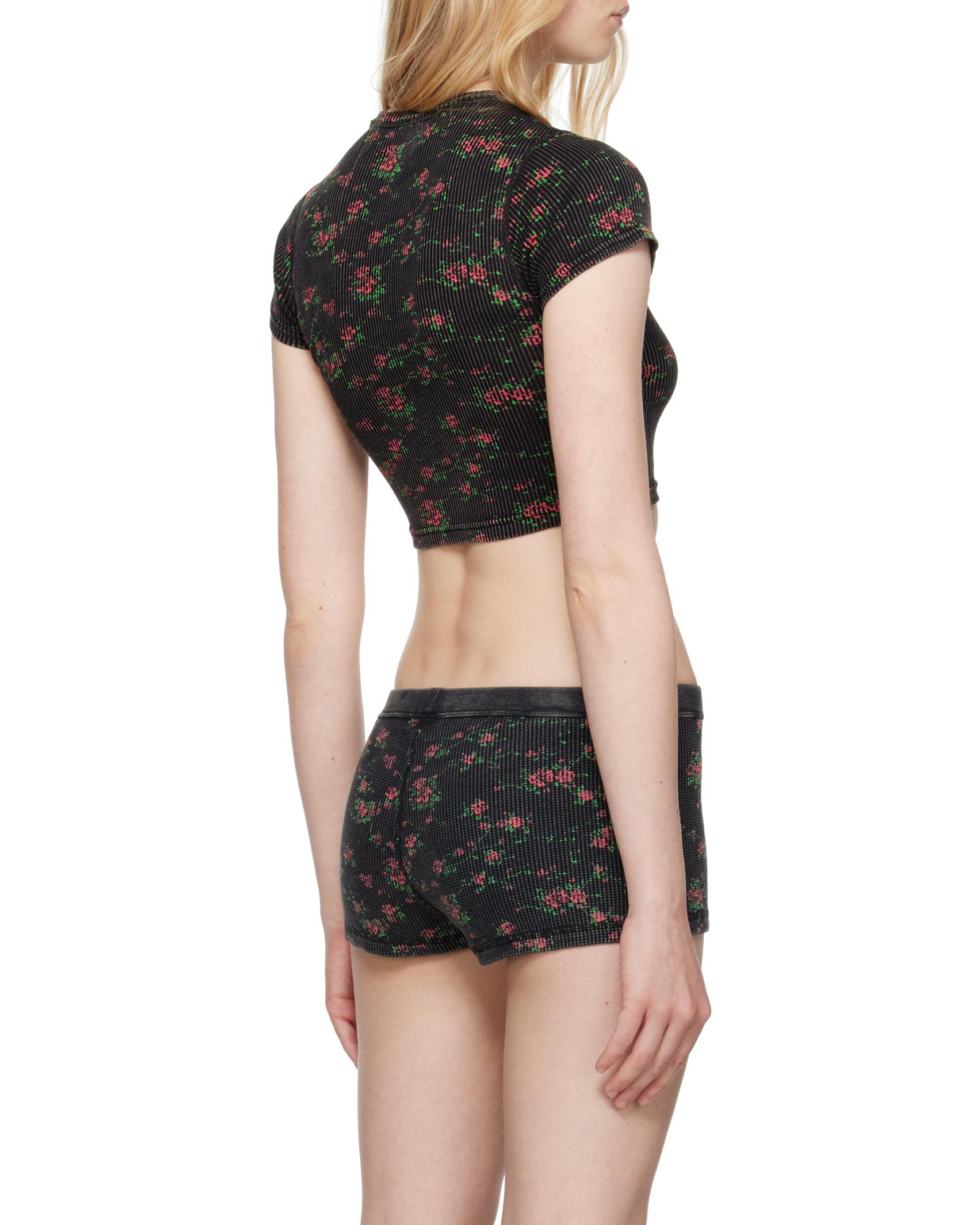 【alexanderwang】floral-print ribbed baby クロップ Tシャツ Black Floral-Print Ribbed Cotton Baby T-shirt by Alexander
