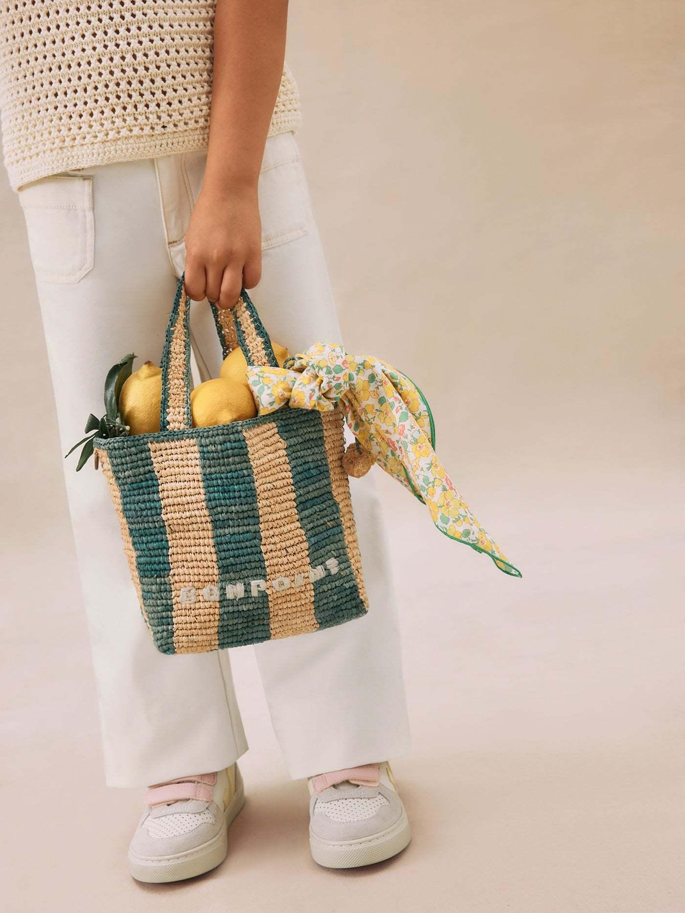 【関税&送料込】Bonpoint Beige Green Striped Bag In Raffia Bonpoint Natural Raffia Striped Tote Bag In Green By