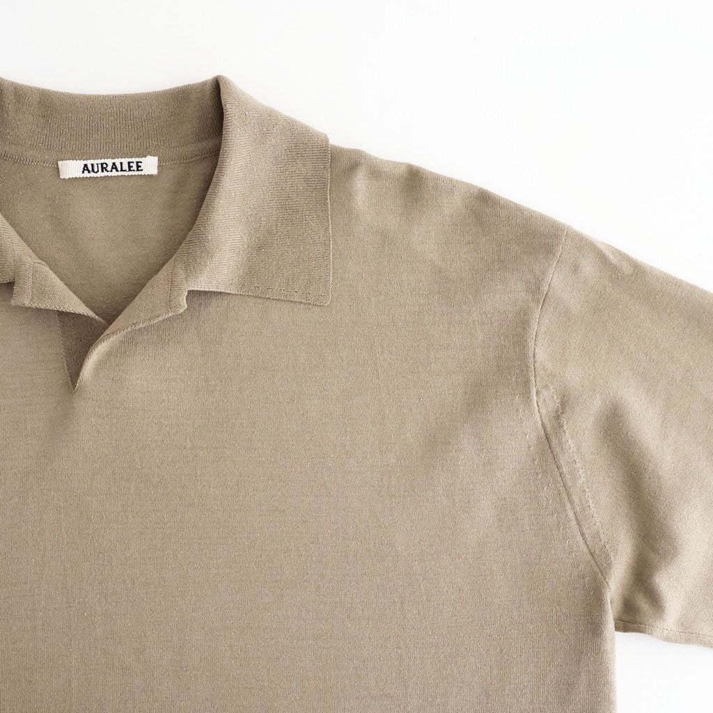 AURALEE High Gauge Tussah Satin Knit Skipper Polo Shirt in Natural