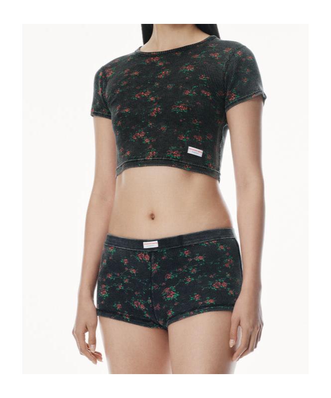 【alexanderwang】floral-print ribbed baby クロップ Tシャツ Black Floral-Print Ribbed Cotton Baby T-shirt by Alexander
