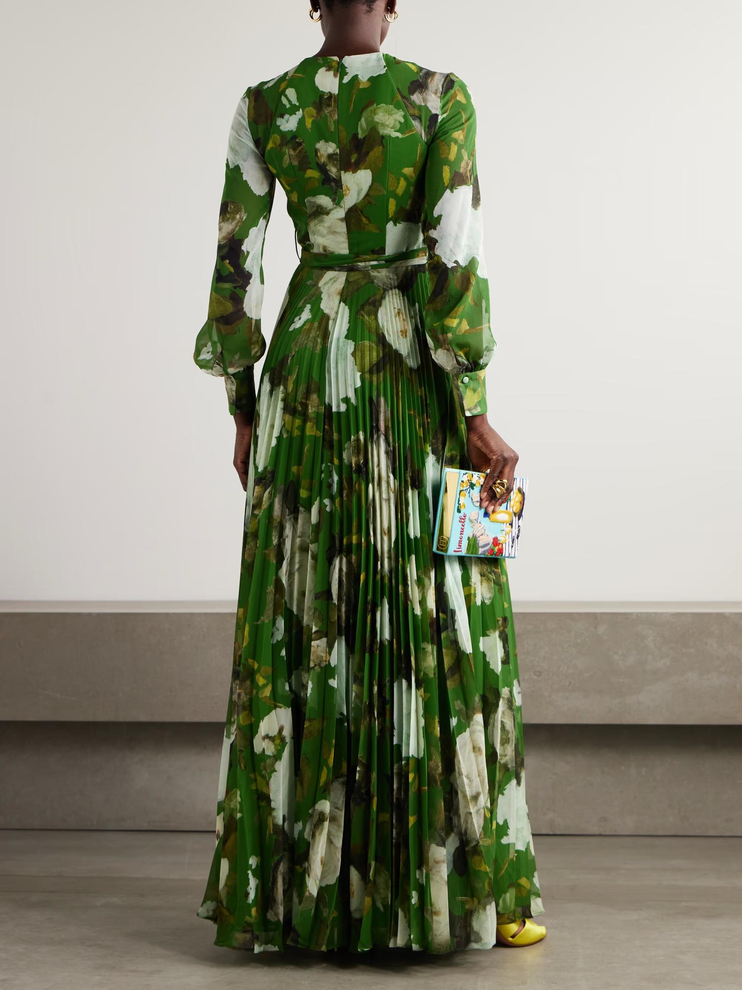 erdem green lace dress Erdem Lace-Up Pleated Printed Dress in Green