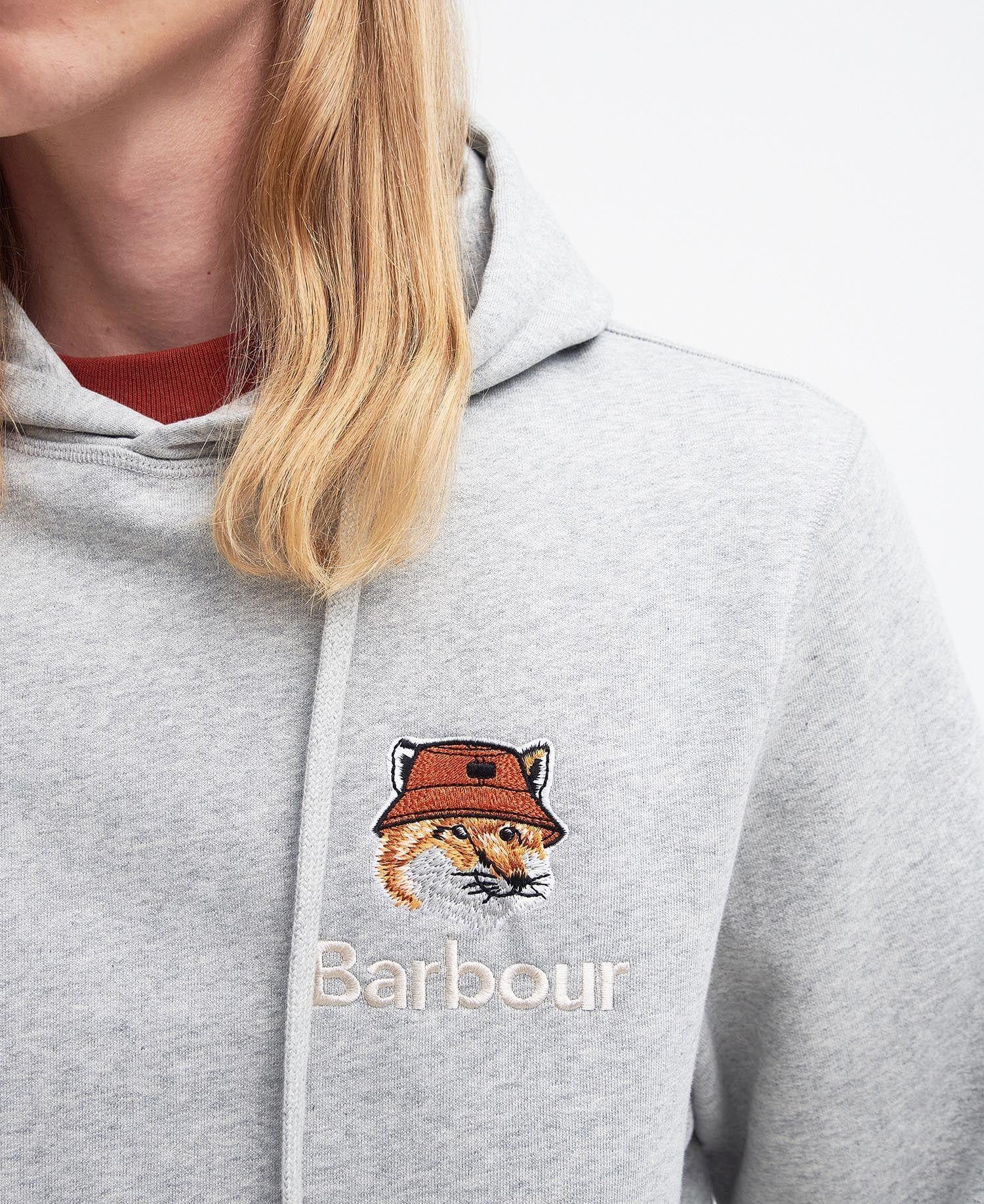 Barbour X Maison Kitsuné Fox Head Embroidered Hoodie in Grey for 