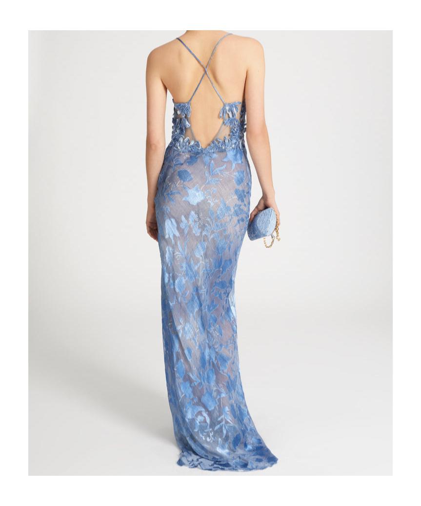 Ermanno Scervino Denim Print Devoré Long Dress With Handmade