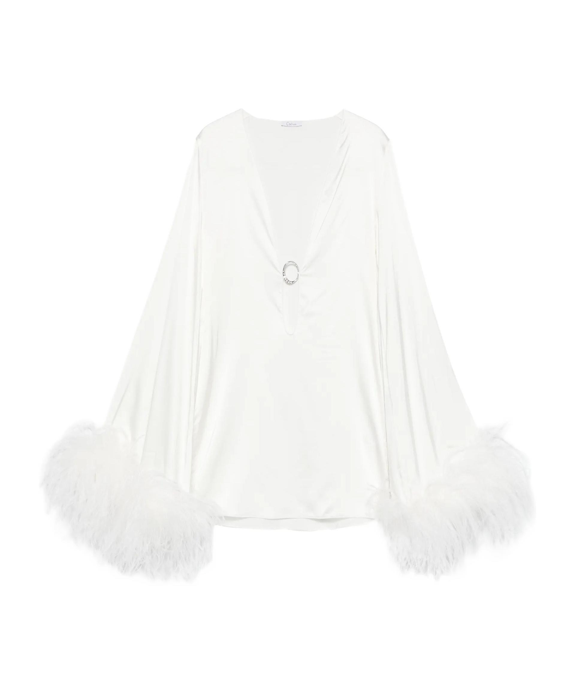 knee length dresses for ladies White Wrap Dress Long Sleeve Faux Feather Cuffs