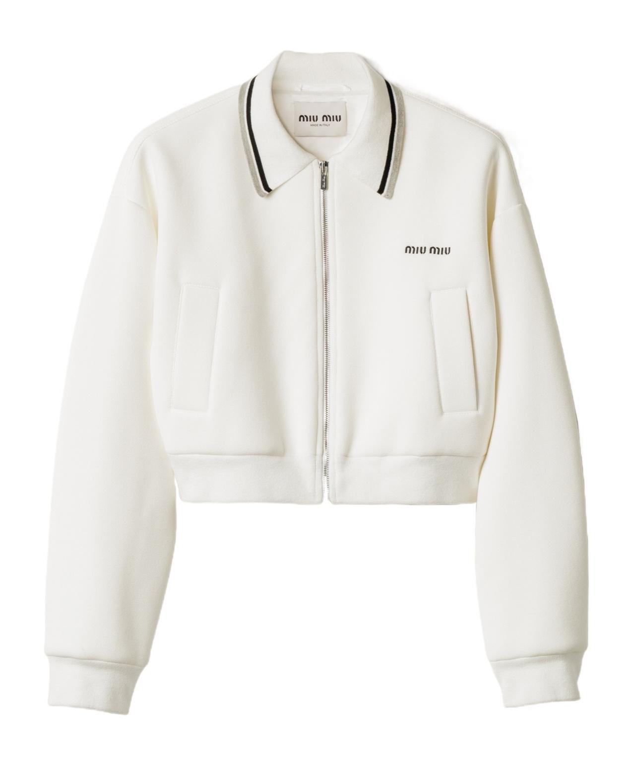 Miu Miu Zipped Cropped Piquet Jacket in White | Lyst