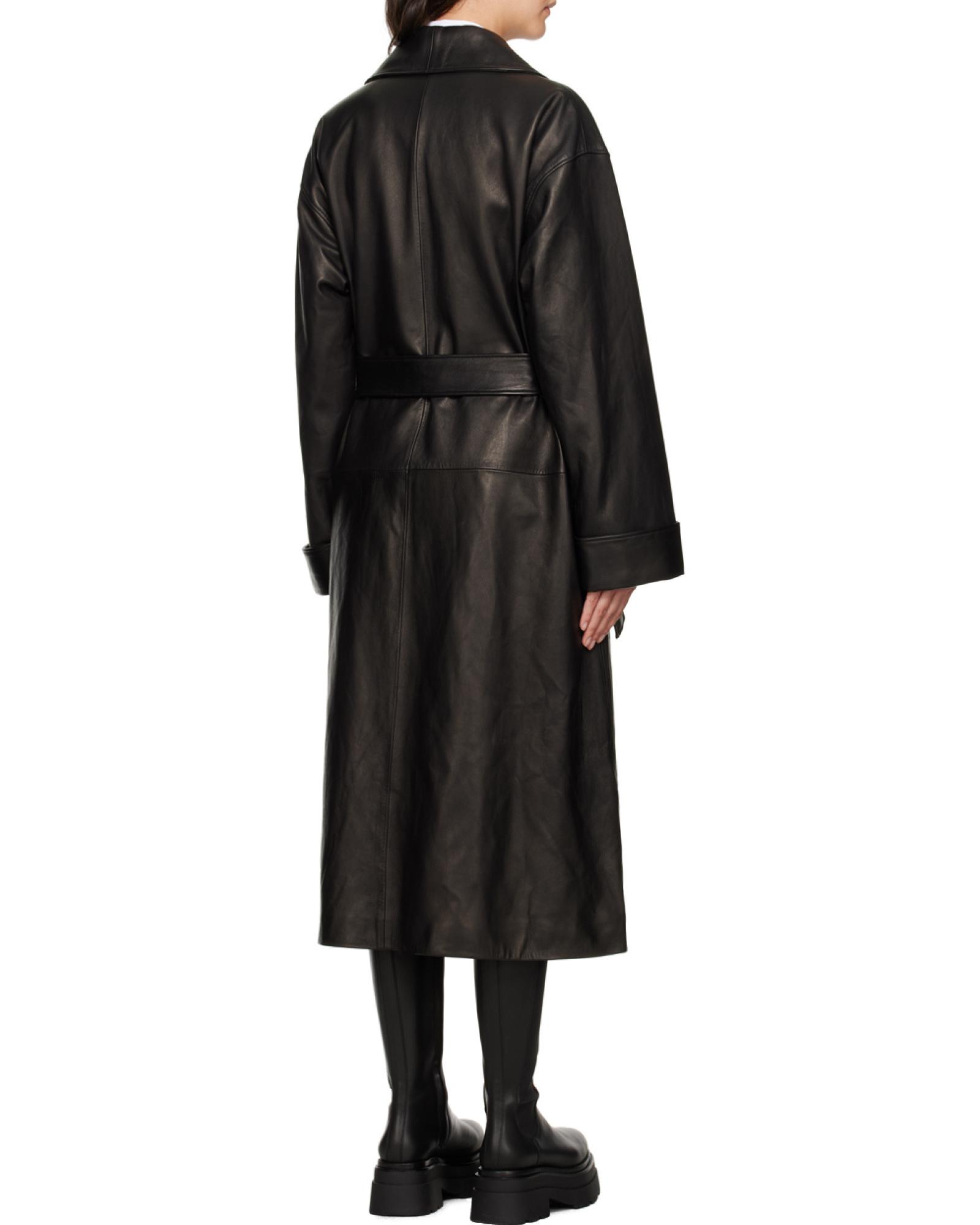 【レオン掲載定価14万美品】AKM shawl long trench coat Womens Black Leather Trench Coat 100% Lambskin Size S M L XL