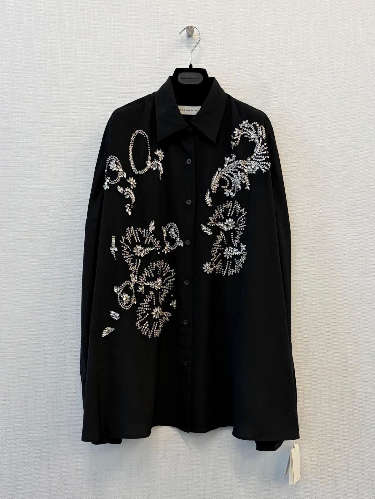 Dries Van Noten Oversized Shirt With Jewel Embroidery in Black 