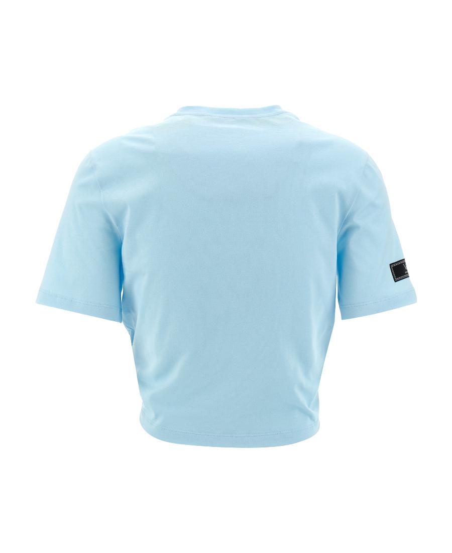 【VERSACE】Logo Cotton Jersey T-shirt Sky Blue Versace Sky Logo Cotton Cropped T-Shirt in Blue | Lyst