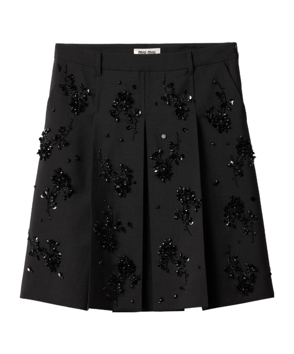 スカート MIU MIU Embroidered Wool Blend Mini Skirt Miu Miu logo-appliqué Wool Miniskirt | Blue | FARFETCH