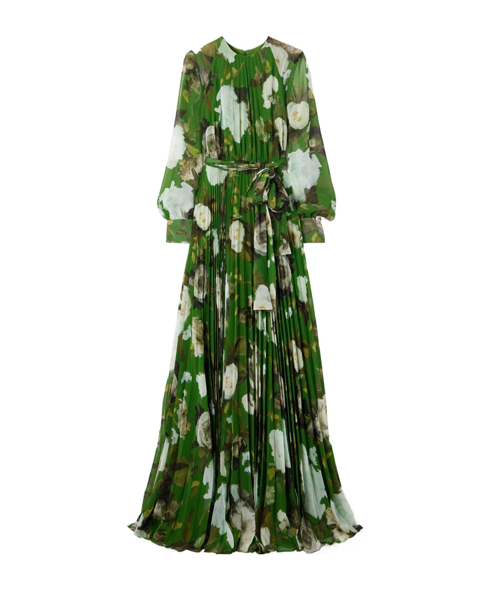 erdem green lace dress Erdem Lace-Up Pleated Printed Dress in Green