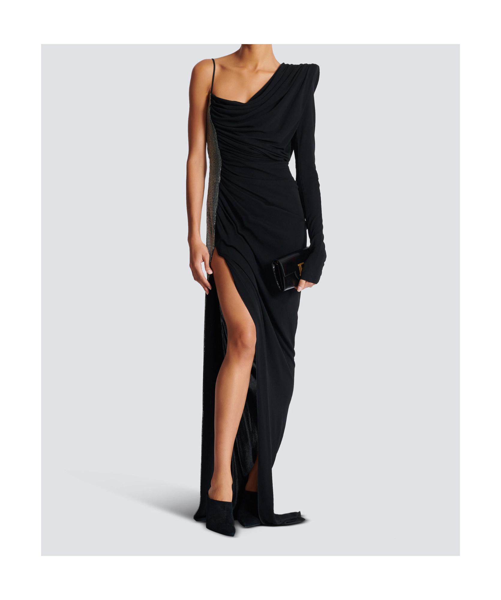 Balmain Draped Asymmetrical Two-Material Dress in Black | Lyst Balmain Draped Asymmetrical Two-Material Dress in Black | Lyst