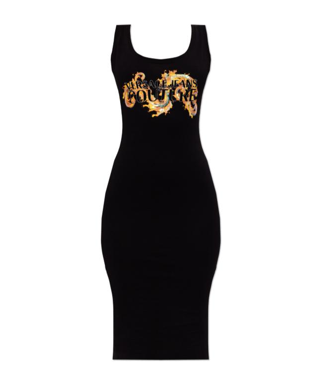 slim fit dress slacks VERSACE WOMEN Couture Logo Print Mini Dress Black Gold – MAISONDEFASHION.COM main image 1