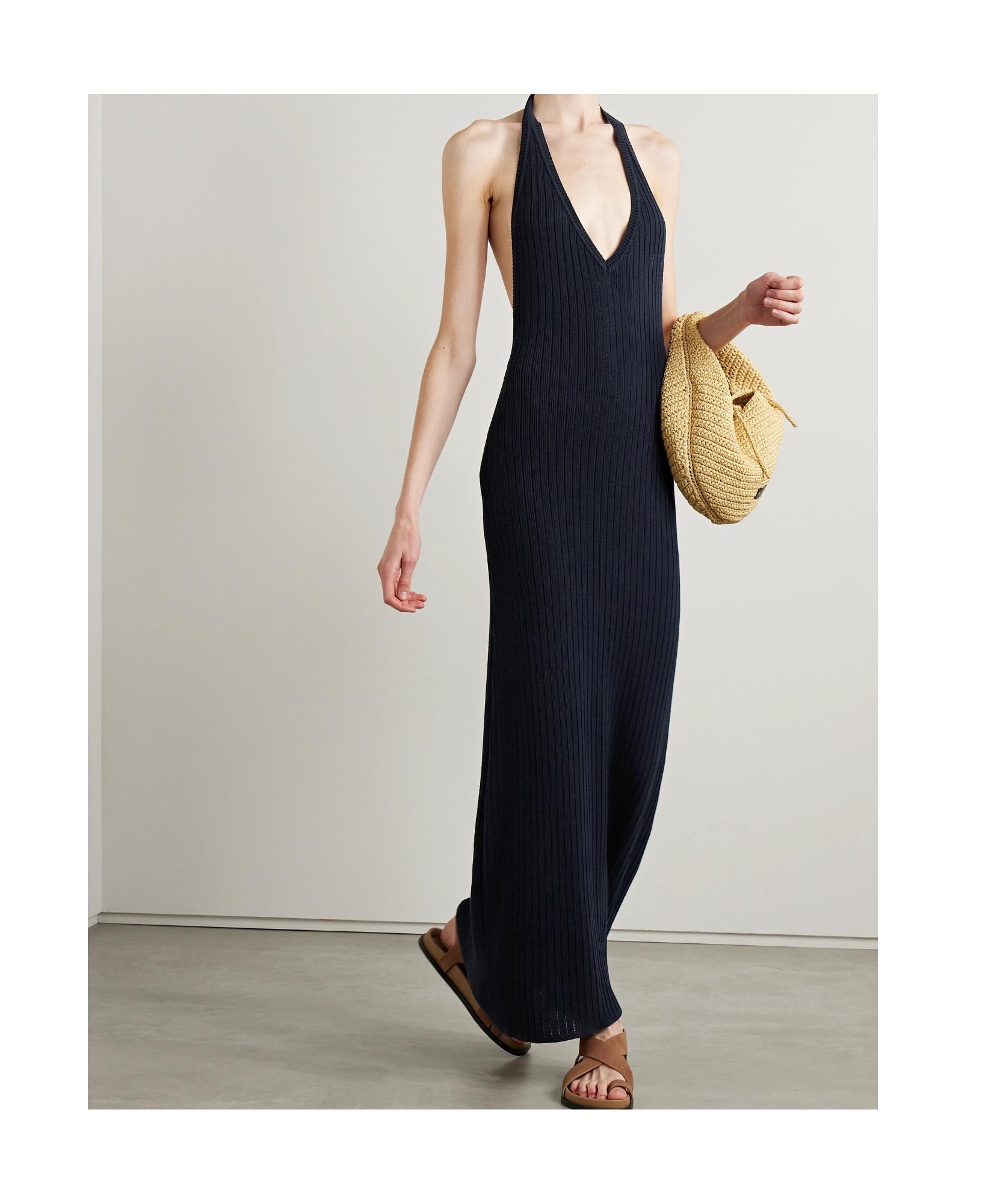 sachin and babi light blue dress   | Women's Fashion Knitted Halter Neck  Contrast Color Ruffle Hem Fitted Bodycon Elegant Casual Dress, Black &  White, Suitable For Spring And