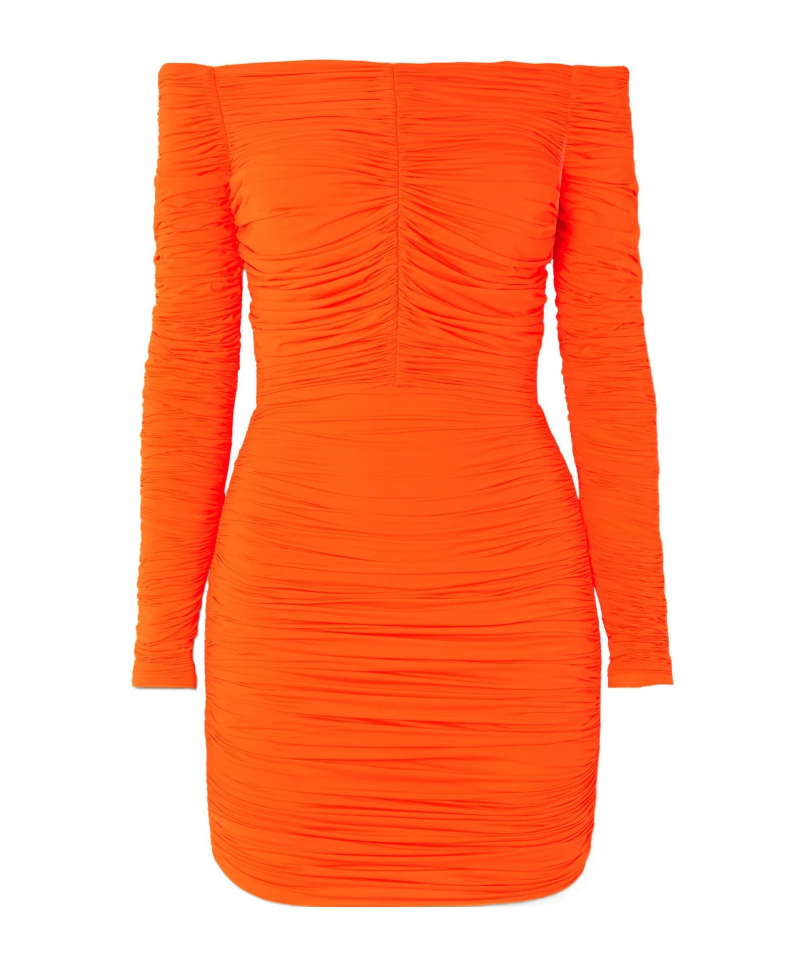 orange ribbed long sleeve bardot ruched bodycon dress Alex Perry Off-The-Shoulder Stretch-Jersey Mini in Measurements from size XS