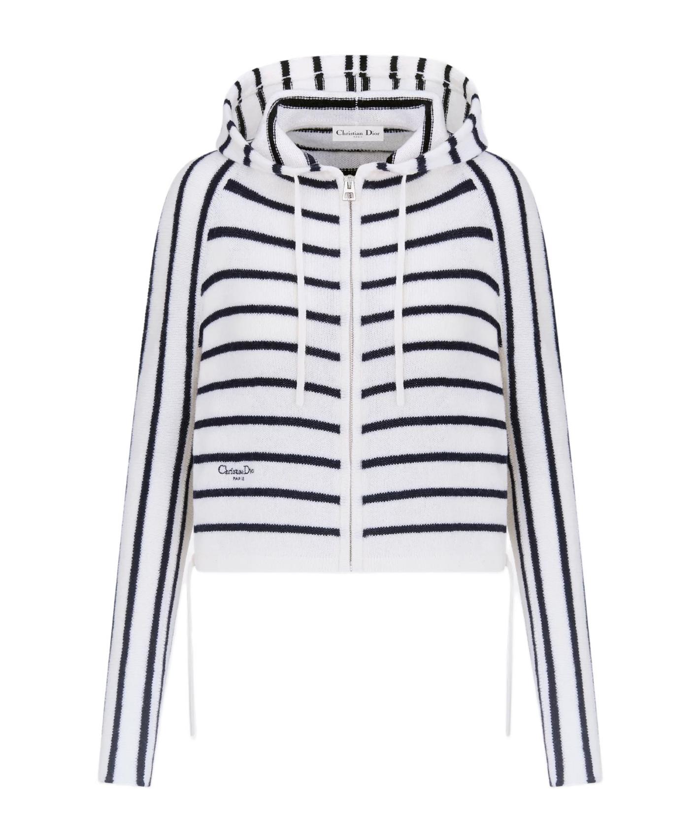 Dior Christian Striped Zip-Up Drawstring Cardigan in White | Lyst