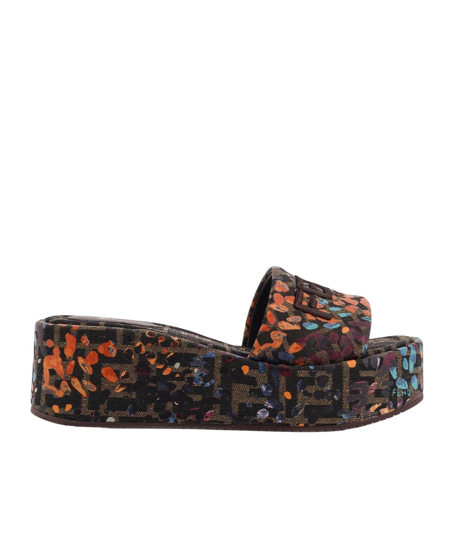 Fendi Logo Embroidered Printed Platform Sandals in Brown | Lyst