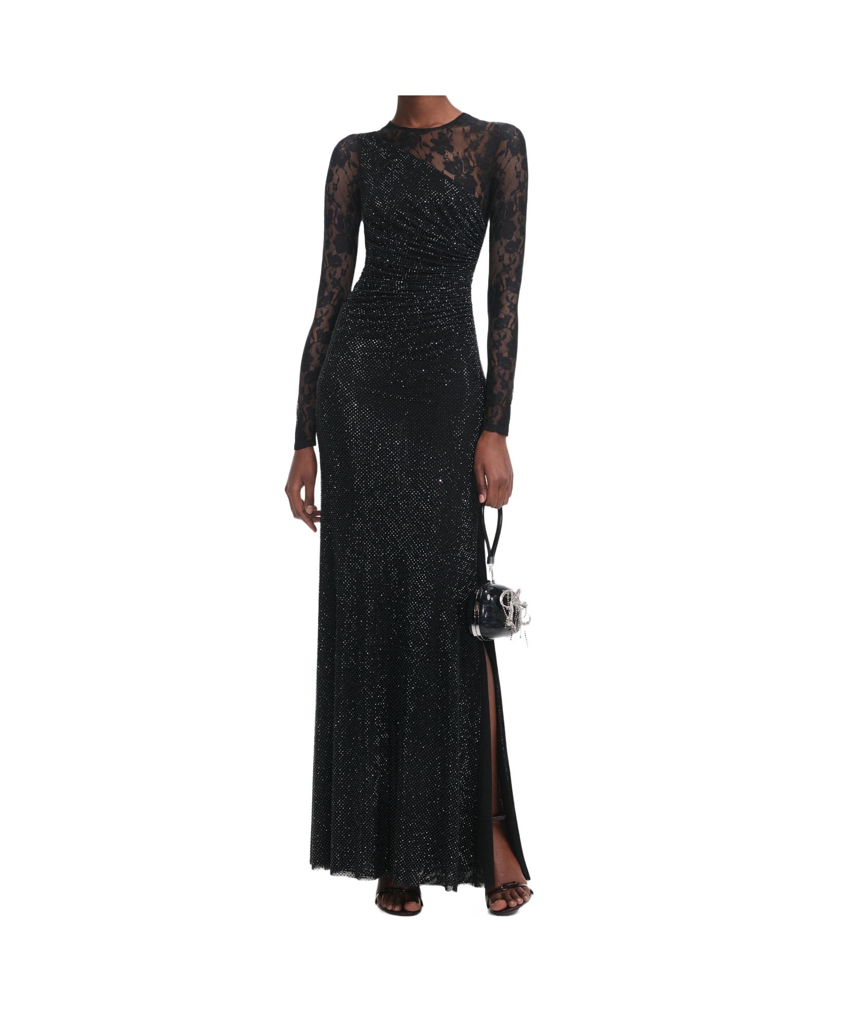 Self-Portrait Rhinestone Lace Sleeves Maxi Dress in Black | Lyst