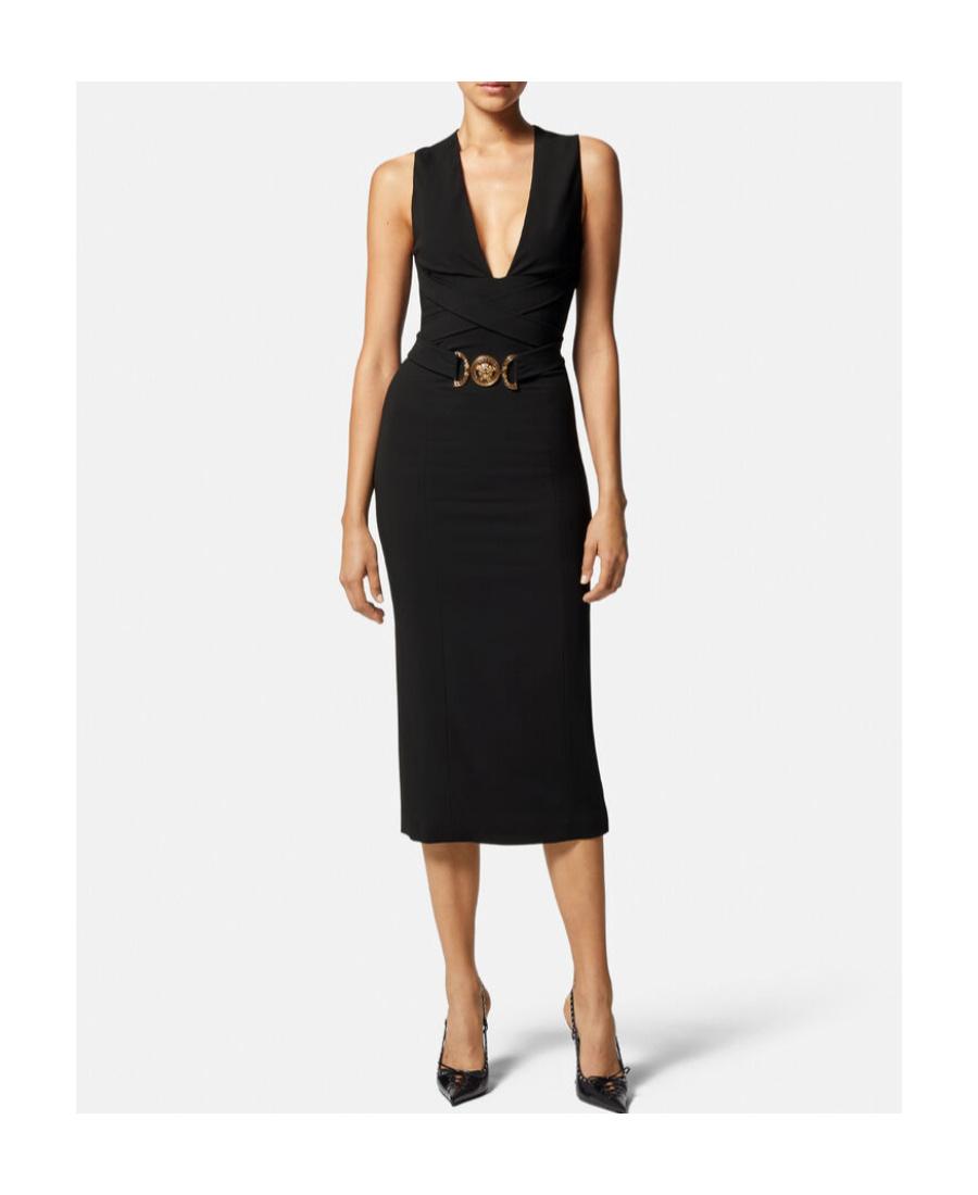 Versace V-Neck Sleeveless Midi Dress in Black | Lyst