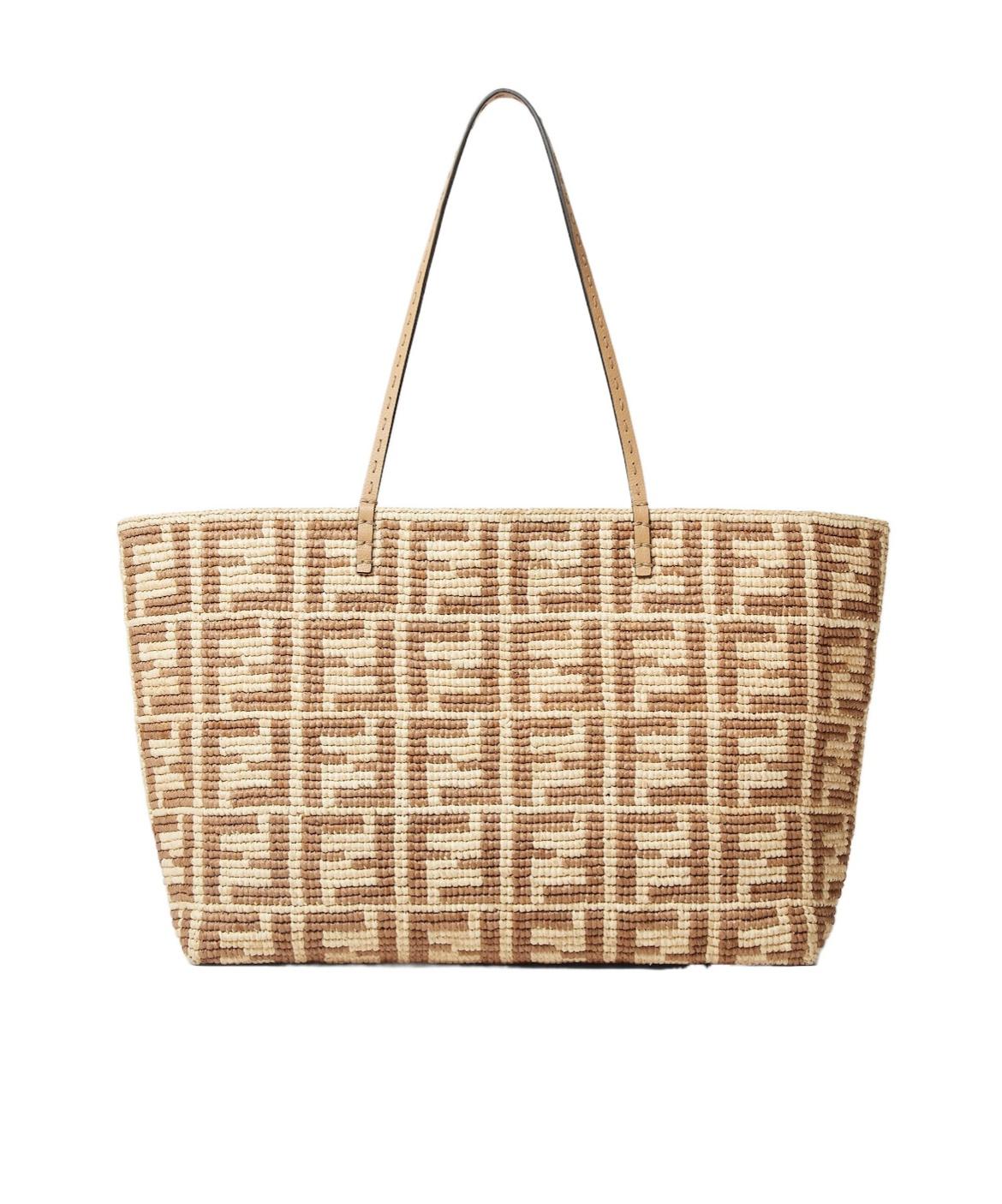 トートバッグ Fendi Roll Mini Tote Bag In Ff Jacquard And Raffia Fendi Mini Roll Ff Jacquard Fringed Tote Bag in Natural