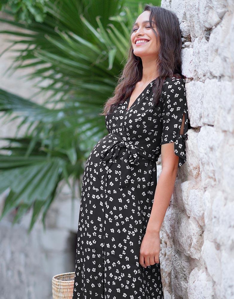 Seraphine Synthetic Black Midi Wrap Maternity Dress - Lyst