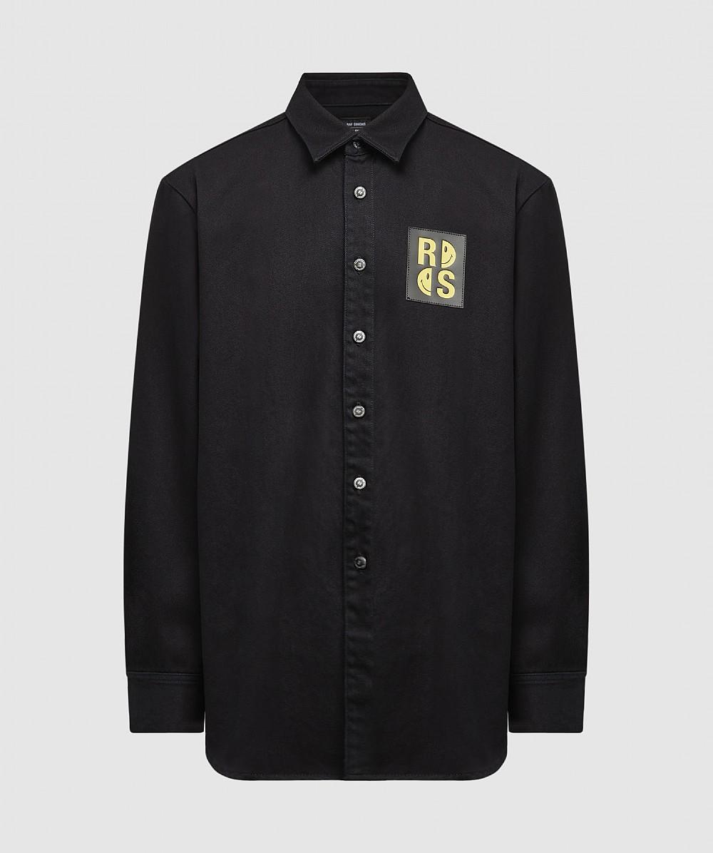 RAF SIMONS x SMILEY Slim Fit Leather Patch Denim Shirt in Black for Men ...