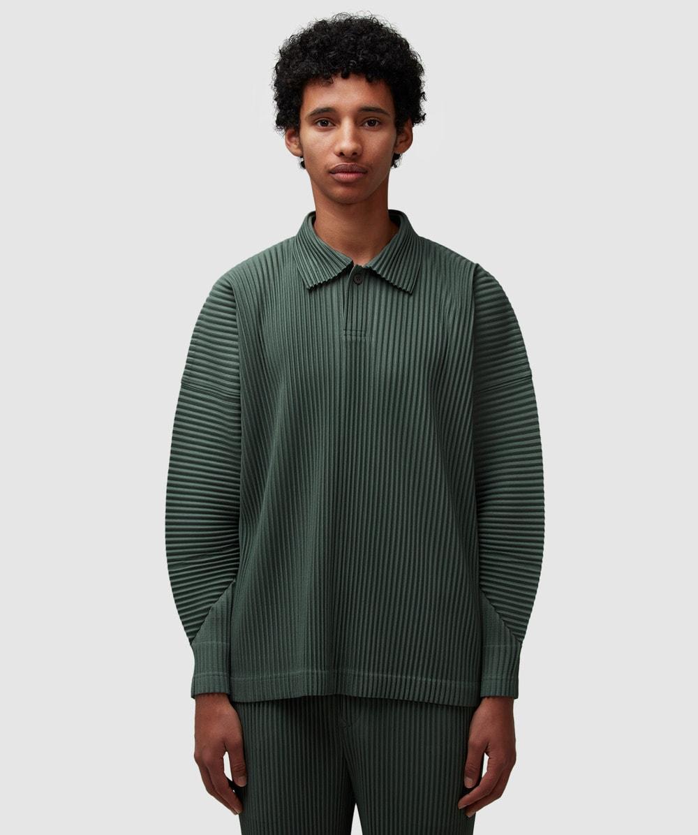 Homme Plissé Issey Miyake Pleats Long Sleeve Polo Shirt (Moss in