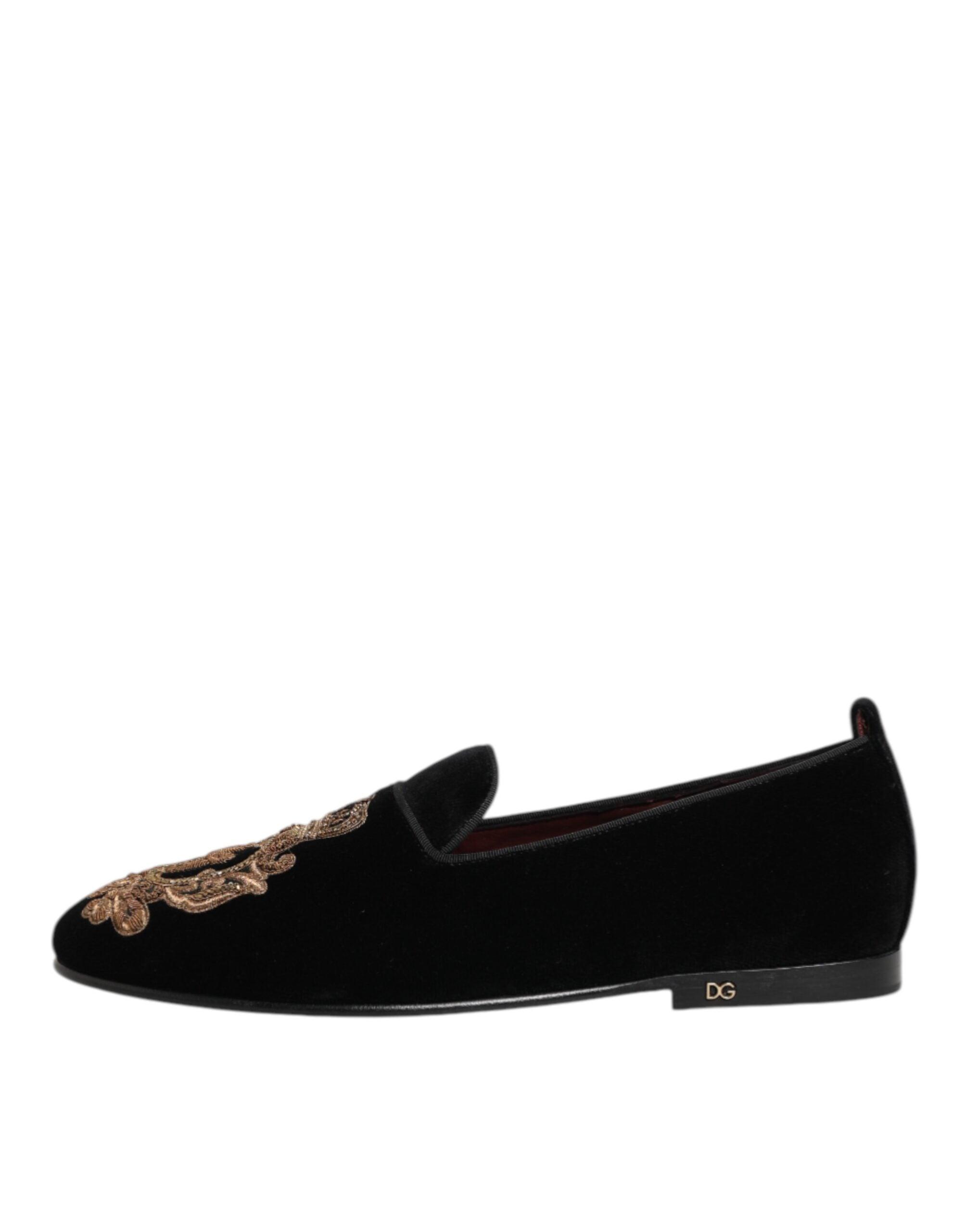 Dolce & Gabbana Black Gold Crystal Sequined Loafers DOLCE & GABBANA Shoes Black Velvet Gold Crown Mens Loafers  main image 3
