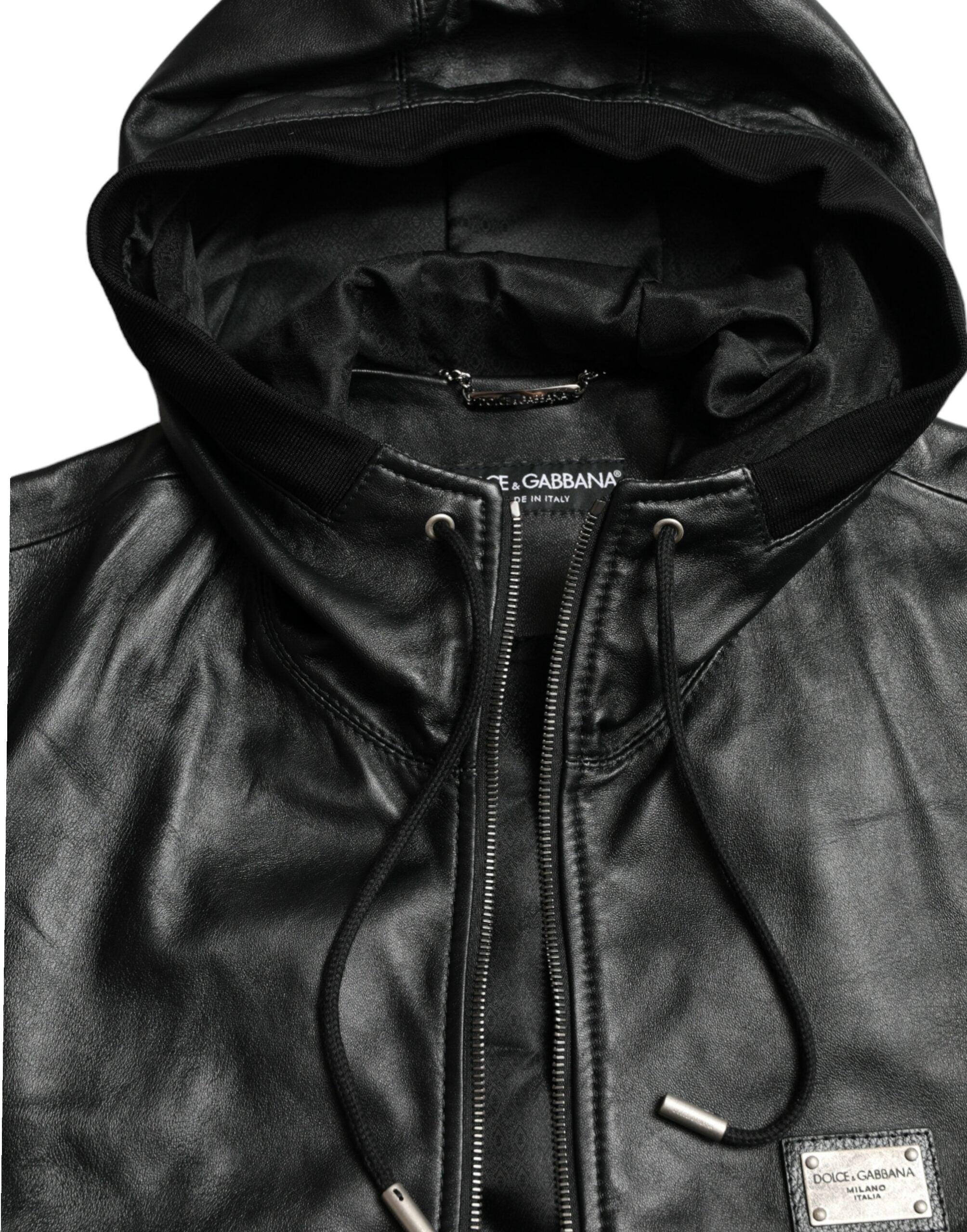 Dolce & Gabbana Black Leather Hooded Full Zip Logo Jacket for Men 